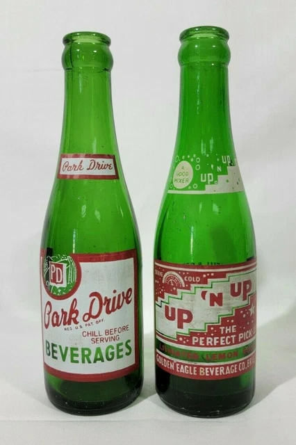 2 Vtg Bottles Up N Up Golden Eagle Beverage & Park Drive Beverages Green Glass
