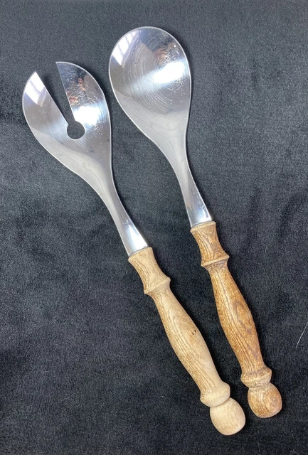 Vintage Midcentury Salatservierer ROSTFREI DEUTSCHLAND um 11"" lange Holzgriffe