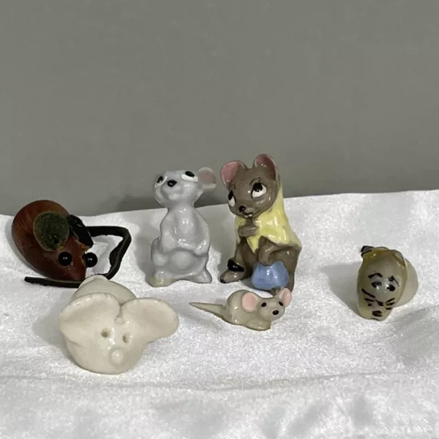 Miniature Mouse 6pc Lot incl 3 Hagen Renaker Porcelain, German Wood Leather Tail