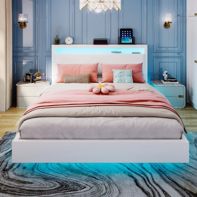 FLOATING DOUBLE BED Frame w/ LED Lights & Upholstered Headboard ...