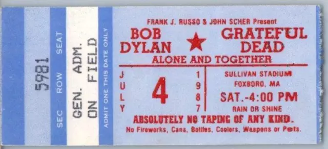 Grateful Dead Bob Dylan Concert Ticket Stub July 4 1987 Foxboro Massachusetts