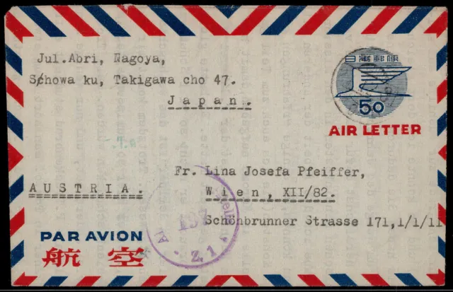 Japan; 50 Y. Vogel 1952  als Zensur-Aerogramm nach Wien gelaufen