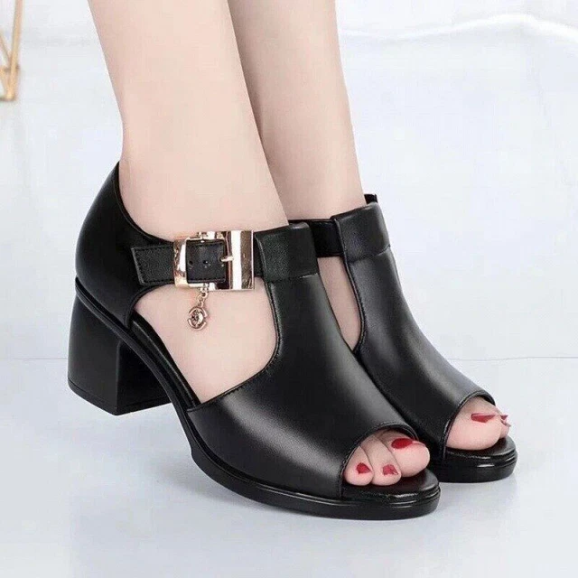 Women's Peep Toe High Heels Chunky Heel Meta Buckle Sandals Casual Shoes Pumps