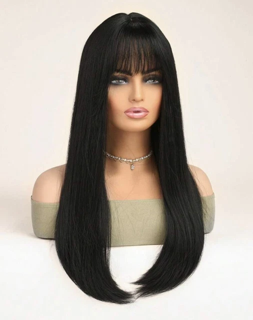 Perruque Synthétique Noire Longue Raide - Bonnet Réglable +4 - Style Naturel Frange