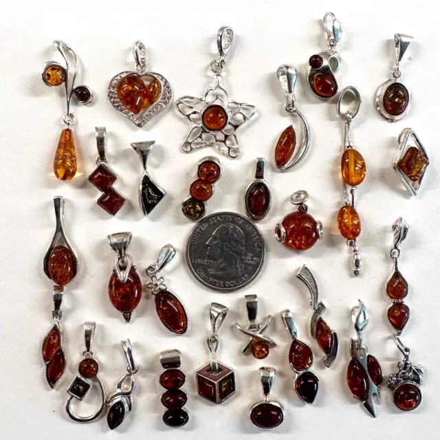 925 Solid Sterling Silver Honey Baltic Amber High Quality Nice Pendants Lot 50 g