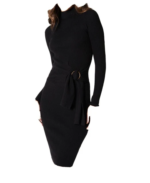 Abito Donna elegante e aderente a costine Nero Guess by Marciano, con fibbia 