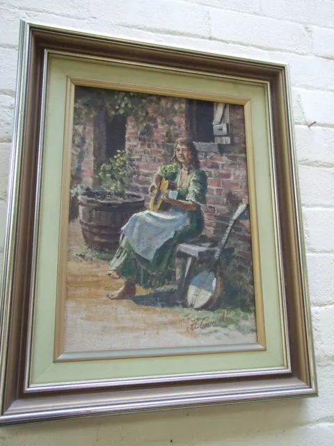 John Cornwell Australian Oil Painting '' Guitar Girl '' Art Signed -Born 1930's