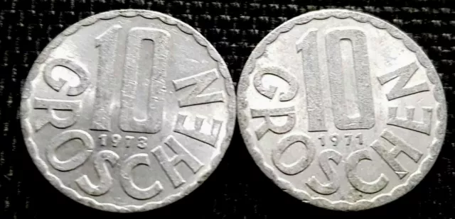 1971 & 1972 Austria 10 Groschen coin,Dia 20mm 2pcs VF  (+ FREE 1 coin) #26983