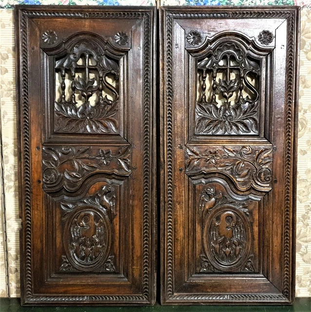 Pair 18th c Mother love carving panel door Antique french architectural salvage