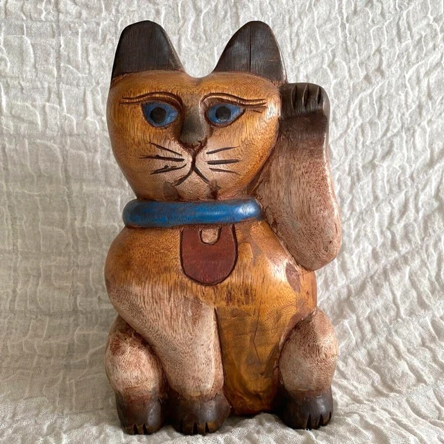 Japanese Handmade Wood Lucky Cat Maneki Neko Brown Carved Wooden Retro Figurine