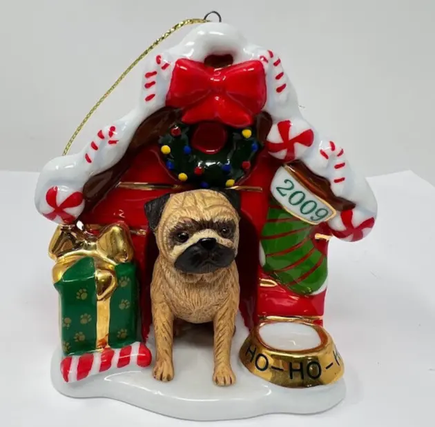 The Danbury Mint Pug Dog Home For The Holidays House Christmas Ornament 2009