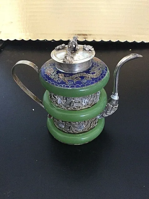 Chinese Tibet Silver Handwork Dragon Green Jade Teapot
