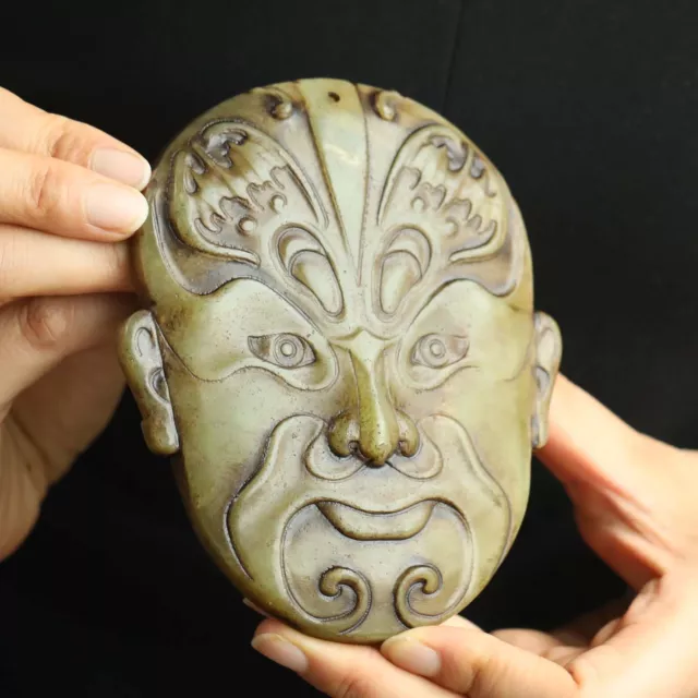 China old natural jade hand-carved statue face mask pendant