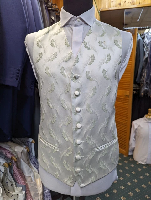 Green/Grey Leaf Wedding Waistcoat Ex Hire