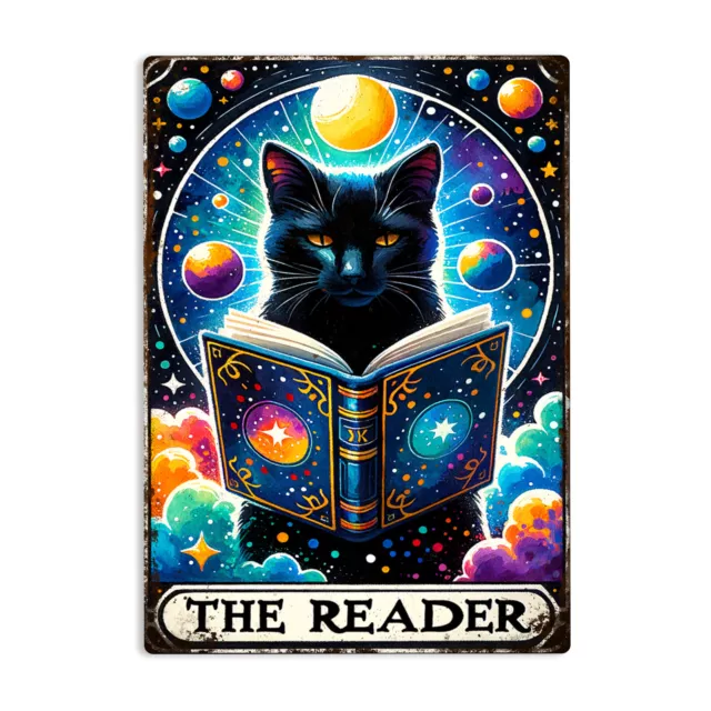 The Reader Black Cat Metal Sign Funny Tarot Card Wall Plaque Home Art Decor Gift