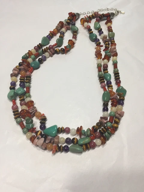 Vtg 90s Semiprecious Polished Stone Triple Strand Necklace Sterling End Caps