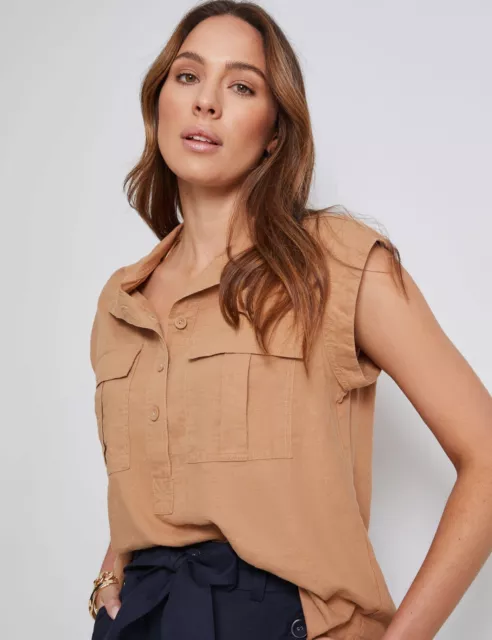 AU 20 - KATIES - Womens Tops -  Linen Cap Sleeve Pocket Front Shirt