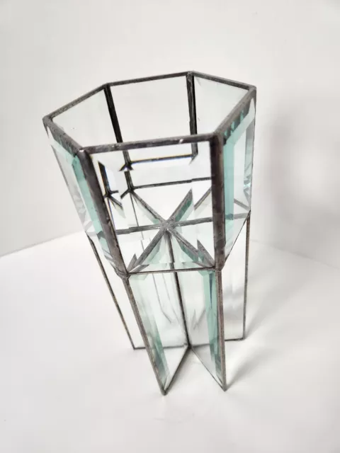 Vintage Clear Leaded Beveled Glass Candle Holder , Hexagon