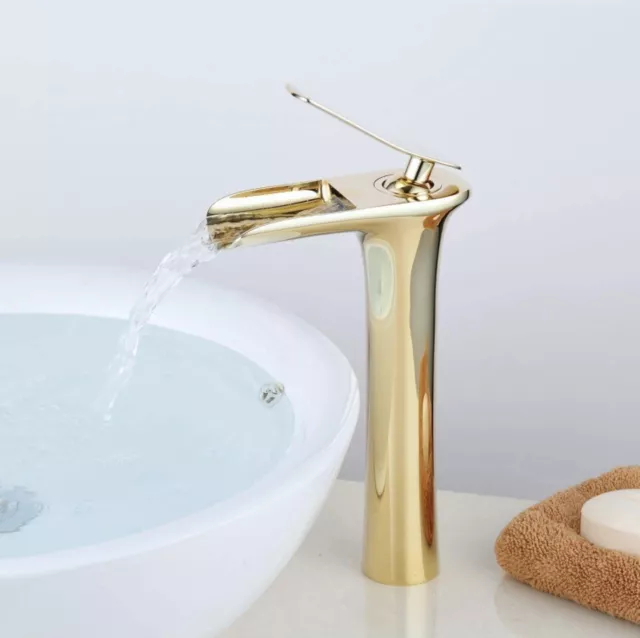 rubinetto lavabo bagno alto, Beccuccio a cascata, In Ottone Cromato