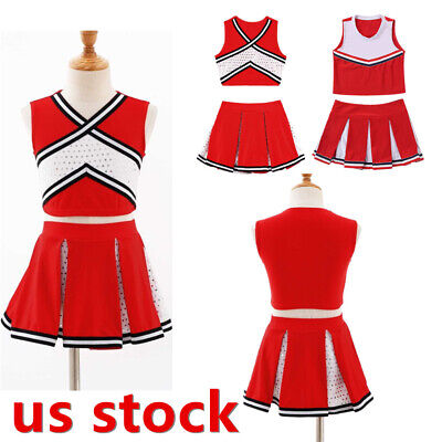 US Girls Cheer Leader Costume Cheerleading Uniform Dress Crop Top Pleated Skirt