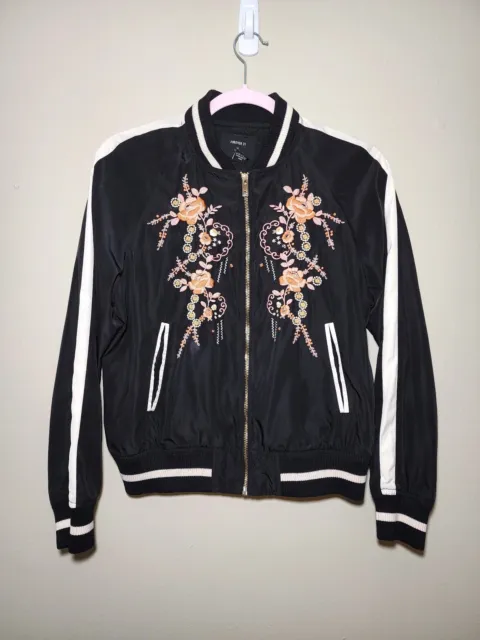 Floral Embroidered Bomber Jacket Womens Medium Forever 21 Black Zip Up