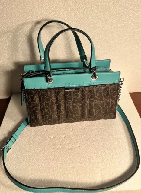 Calvin Klein Satchel Purse Teal And Brown Quilted  Ck Signature