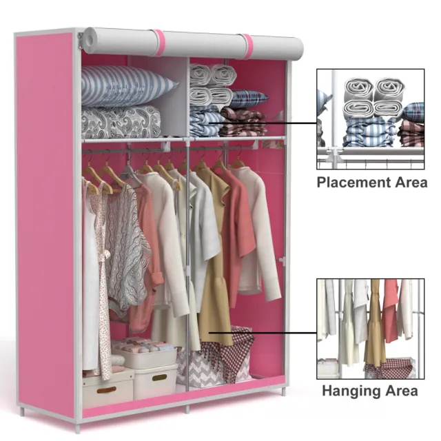 LOEFME Pink Fabric Canvas Wardrobe With Hanging Rail Shelving Clothes Storage
