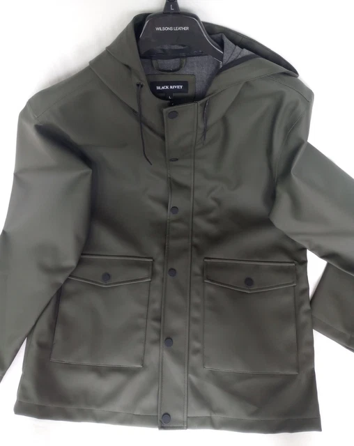Green Rain Jacket Men's "BLACK RIVET" Hooded Long Rain Jacket W/tags.
