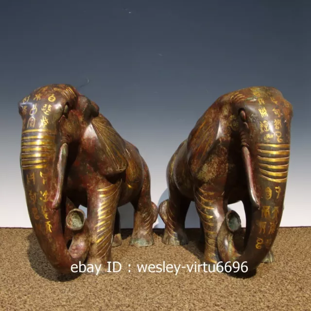 China Dynasty Folk Collection Old Copper Bronze Gild Two Elephant Statue Pair