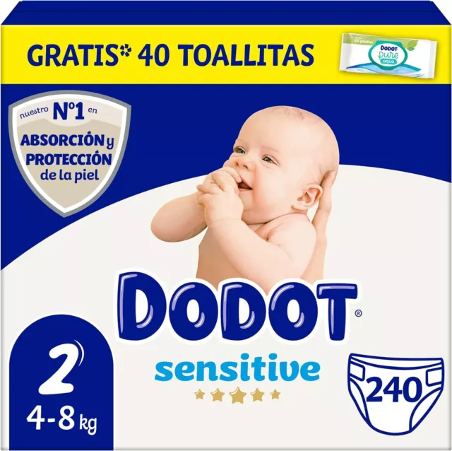 Dodot Pañales Bebé Sensitive Talla 2 (4-8 kg), 240 Pañales + 1 Pack de 40 To