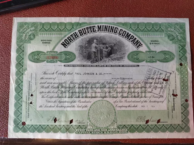 North Butte Mining Company Share Certificate - Issued In 1925