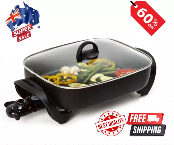 ELECTRIC FRYPAN LARGE Non Stick Frying Pan Cooker Glass Lid Non