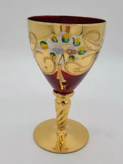 Vintage Czech Bohemian Ruby Red  Gold Hand Painted Wine Glass Gilded Twist Stem