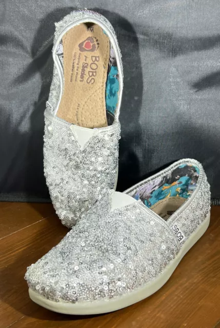 Bobs For Skechers Size 6 Gray Sequin Sparkle Flats Shoes