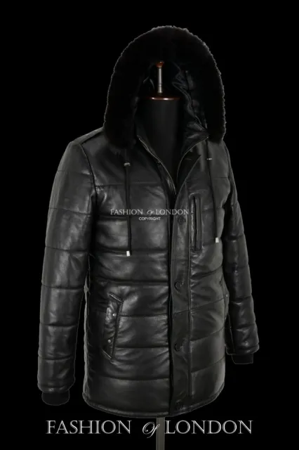PUFFER Men Hooded Jacket Black Hip Length Quilted Leather Winter Fur Hoodie Coat