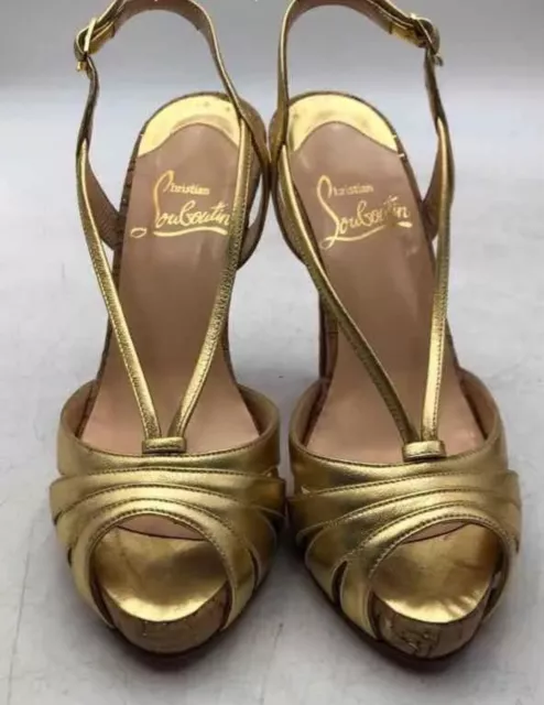 Christian Louboutin Womens Gold Leather Stiletto Slingback Heels Size 35 COA