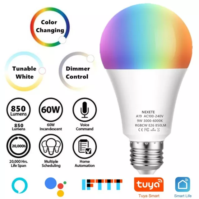 2X Wifi Smart LED light Bulb 9W(60W) A19 850LM RGB+CW Dimmable Alexa/Google Home 2