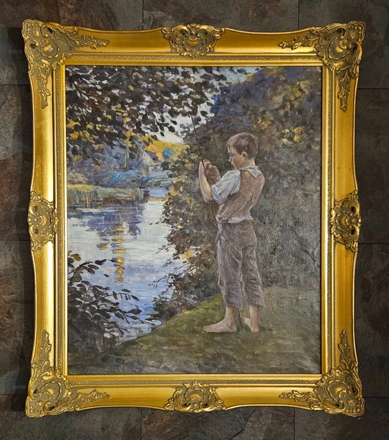 STUNNING GILT FRAMED Painting A Young Boy Fishing along a quiet