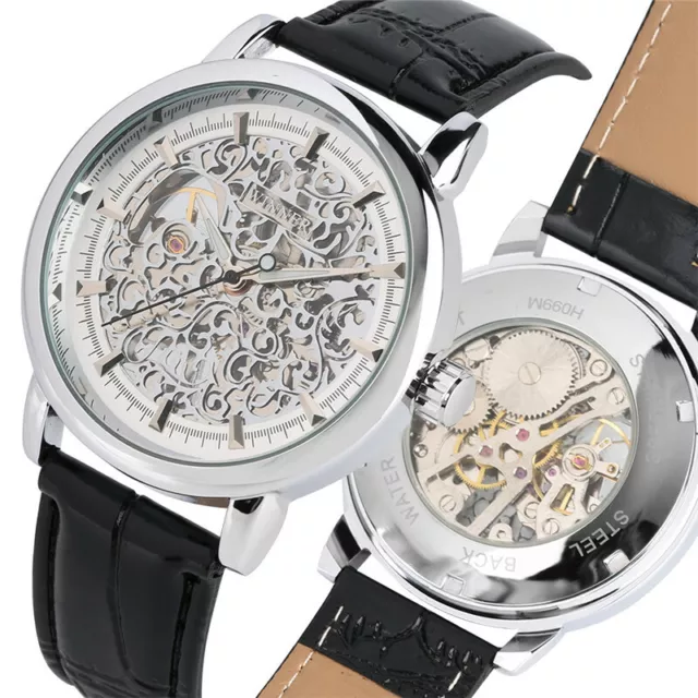 WINNER Mens Automatic Mechanical Watch Skeleton Transparent Dial Windup Watches