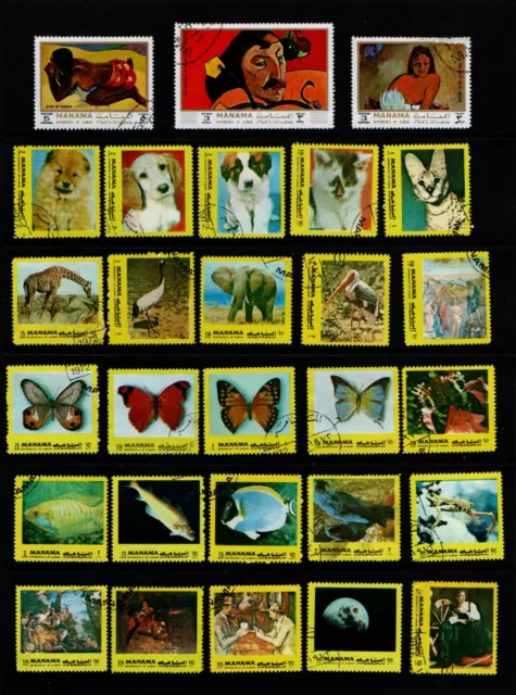 Manama Ajman 1972 Cats Dogs Butterflies Fish Paintings Animals . 28 Stamps .