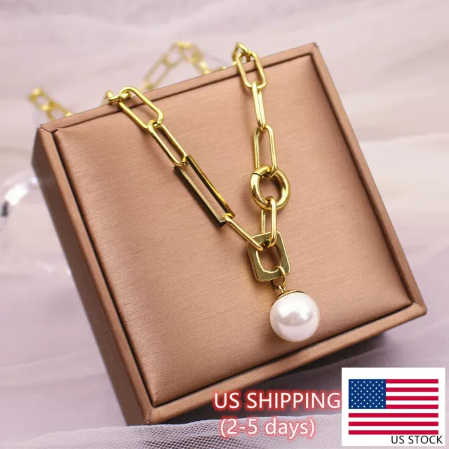Woman 18K Gold Plated Stainless Steel Pearl Round Charm Rolo Link Chain Necklace