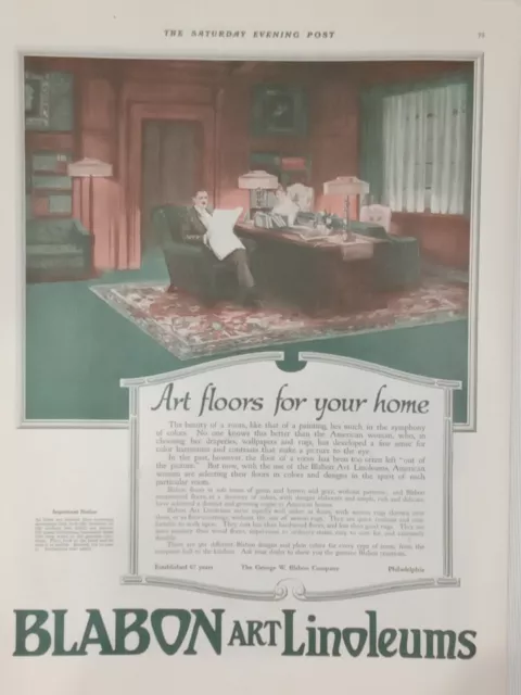 1918 Blabon Art Linoleums Saturday Evening Post Print Ad Floors Color Mancave