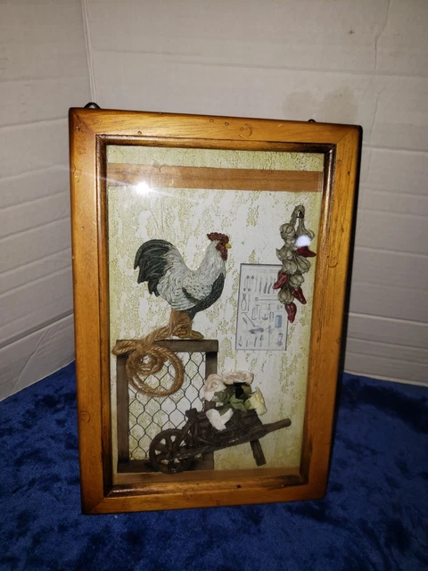 Shadow Box Key Holder. Rooster garden/barnyard scene.  11.75"x8"x3" 6 key hooks