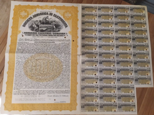 Italy 1927 Kingdom Adriatic Electric $ 500 Dollars Gold OR Coupons SPECIMEN Bond