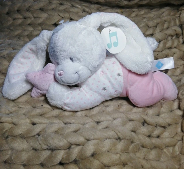 🐰Doudou Musical Lapin Rose Blanc TEX BABY pois Étoiles NEUF