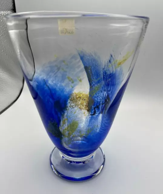 Signed Eirik Jan Thore Lillehammer Art Glass swirl Vase blue gold Bubble blown