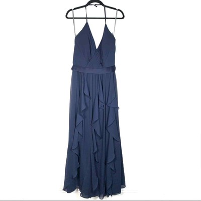 Vera Wang White navy blue chiffon long formal cocktail dress bridesmaid gown 12