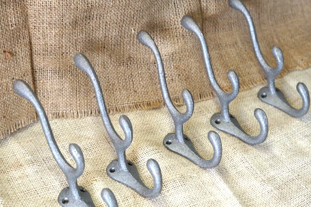 5 Cast Iron TRIPLE SCHOOL Style Coat Hooks Hat Hook Rack Hall Tree Tack Farm