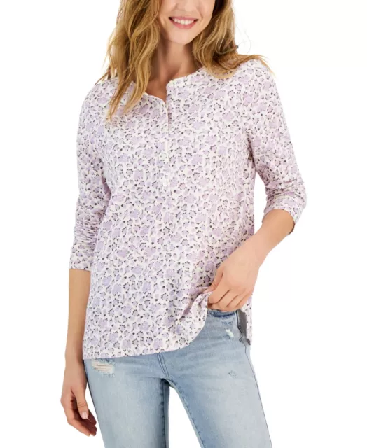 MSRP $45 Style & Co Women Cotton Printed Henley Top Purple Size Small