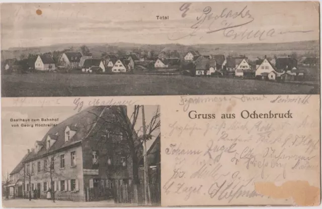 AK Gruss aus Ochsenbruck,  2 Bilder mit Gasthaus zum Bahnhof, gel.